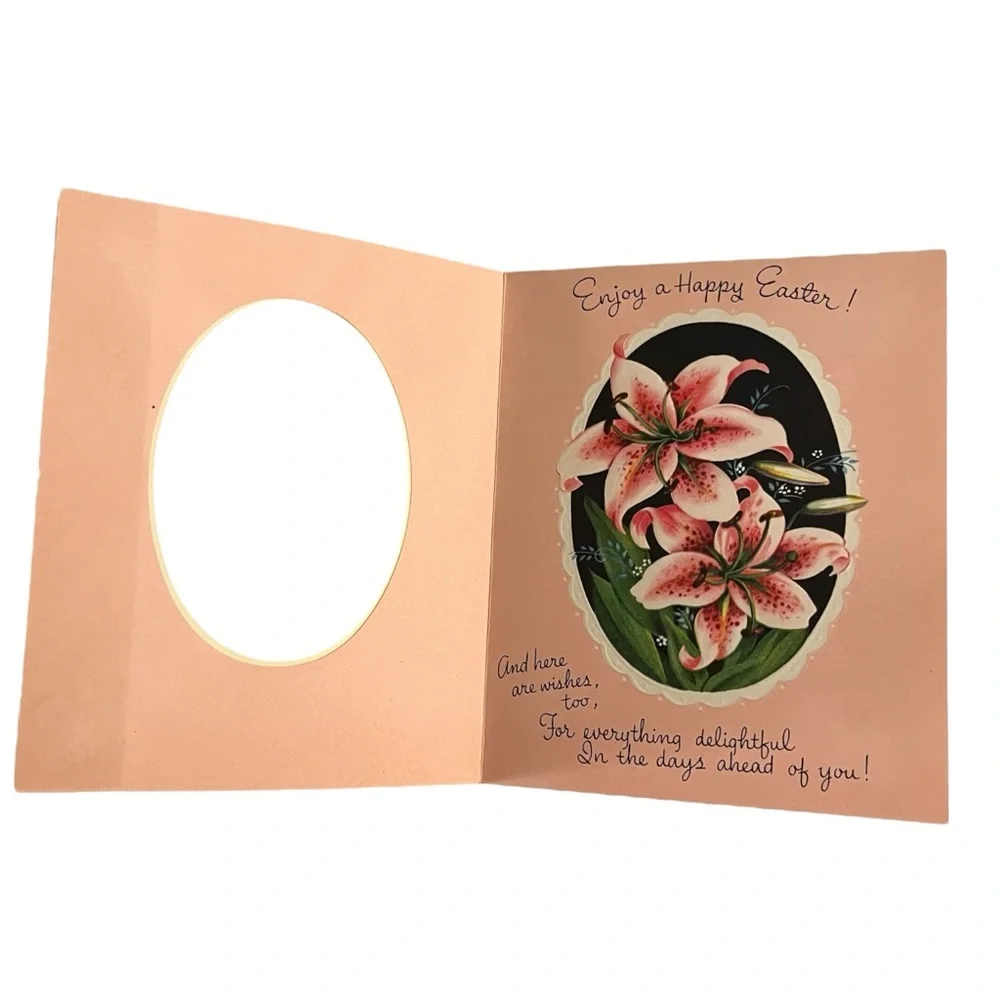 Unused Vintage Easter Greeting Card Pink Lilies Raised Cutout Floral Religious
